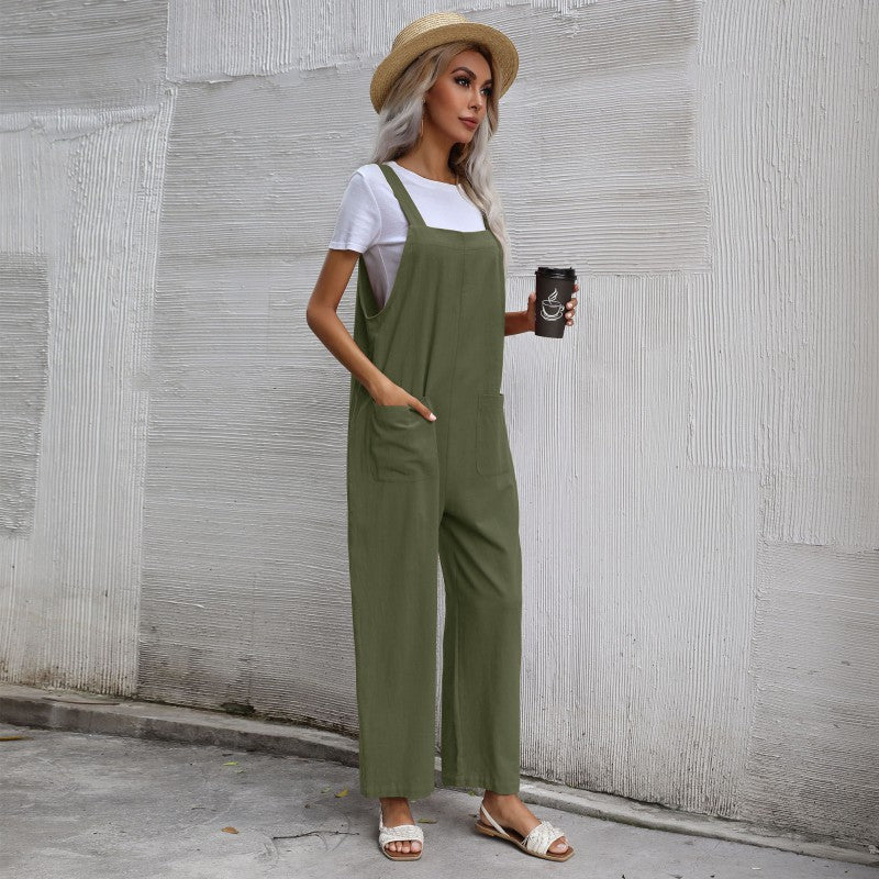 Loose Fit Cotton Linen Suspender Jumpsuit