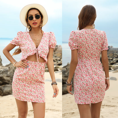 Floral Two-Piece Set with Tie-Front Crop Top and Mini Skirt
