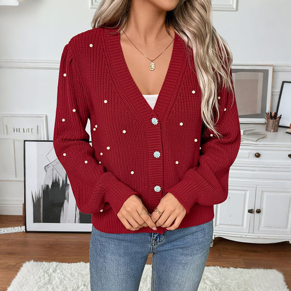 Pearl-Decorated Knit Cardigan with V-Neck and Button Front