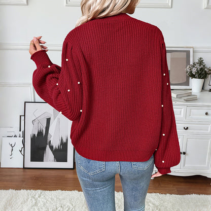 Pearl-Decorated Knit Cardigan with V-Neck and Button Front