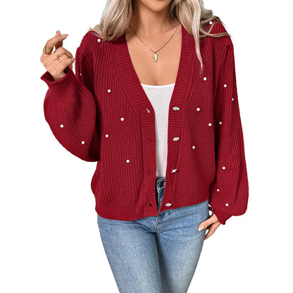 Pearl-Decorated Knit Cardigan with V-Neck and Button Front
