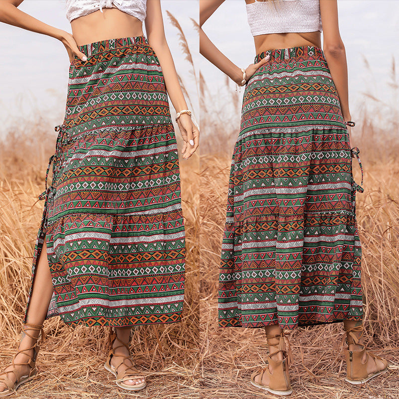 Ethnic Print Tiered Maxi Skirt with Tie-Side Slit