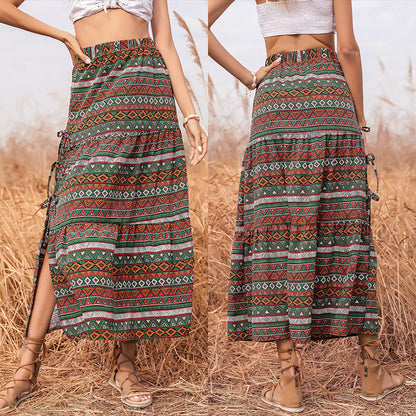 Ethnic Print Tiered Maxi Skirt with Tie-Side Slit