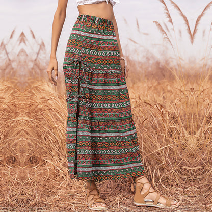 Ethnic Print Tiered Maxi Skirt with Tie-Side Slit