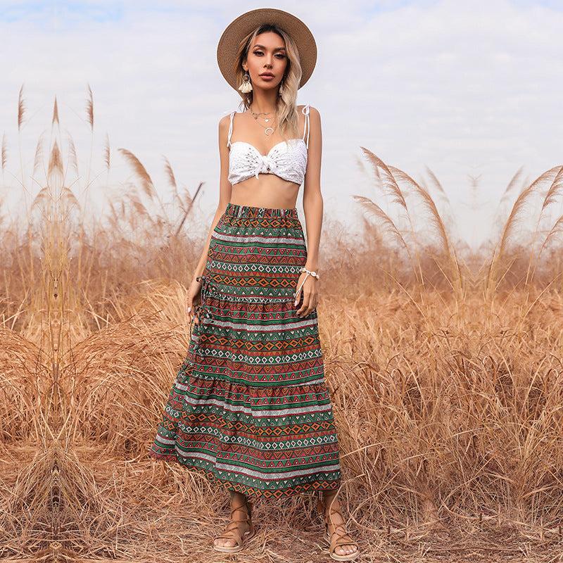 Ethnic Print Tiered Maxi Skirt with Tie-Side Slit