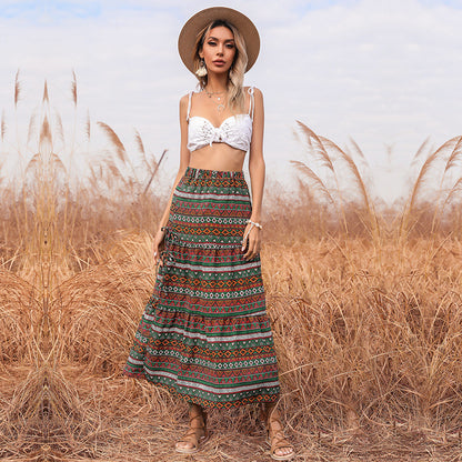Ethnic Print Tiered Maxi Skirt with Tie-Side Slit