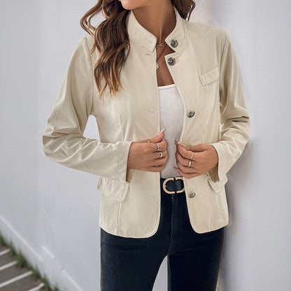 Corduroy Blazer with Stand Collar and Button Front