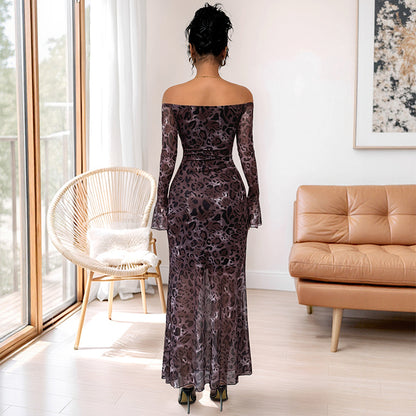 Leopard Print Mesh Maxi Dress with Off-Shoulder and Bell Sleeves