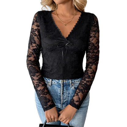 Slim Fit Lace Top with Deep V-Neck and Tie Front