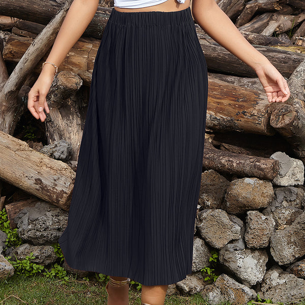 Solid Color Pleated Midi Skirt with Elastic Waist
