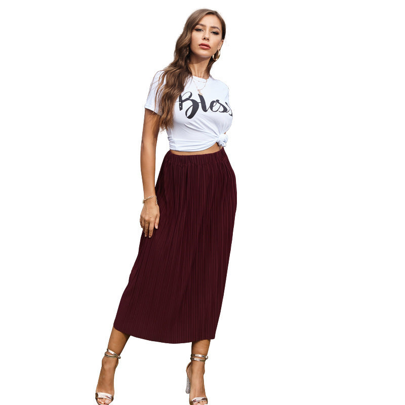 Solid Color Pleated Midi Skirt with Elastic Waist