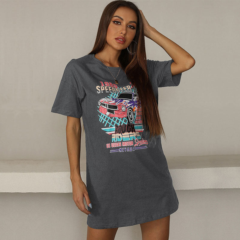 Oversized T-Shirt Dress with Vintage Car Graphic Print