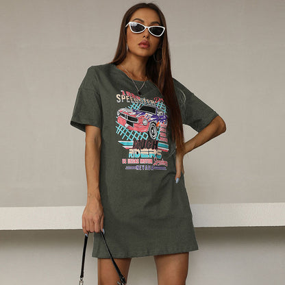 Oversized T-Shirt Dress with Vintage Car Graphic Print