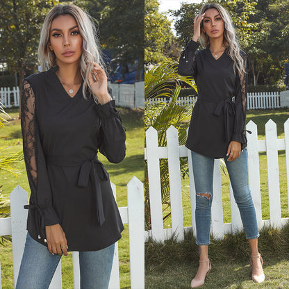 Solid V-Neck Tunic Blouse with Lace Sleeves and Tie-Waist