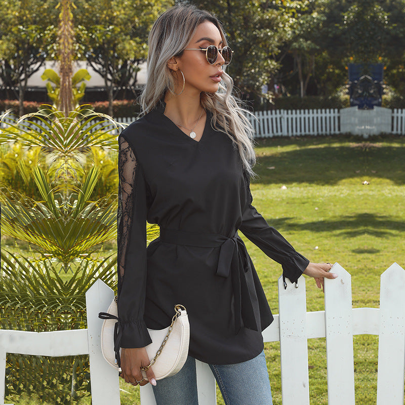 Solid V-Neck Tunic Blouse with Lace Sleeves and Tie-Waist