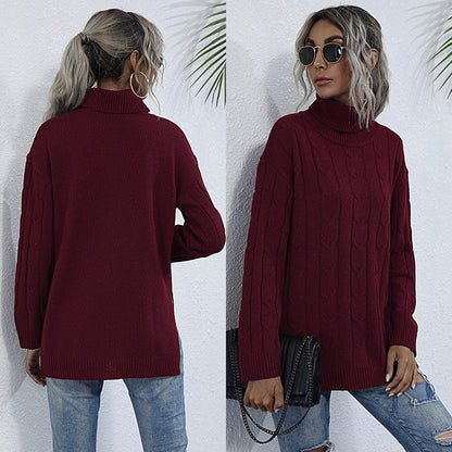 Loose Cable Knit Turtleneck Sweater with Split Hem
