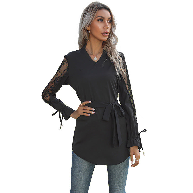 Solid V-Neck Tunic Blouse with Lace Sleeves and Tie-Waist