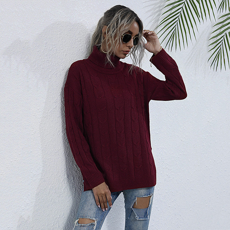 Loose Cable Knit Turtleneck Sweater with Split Hem