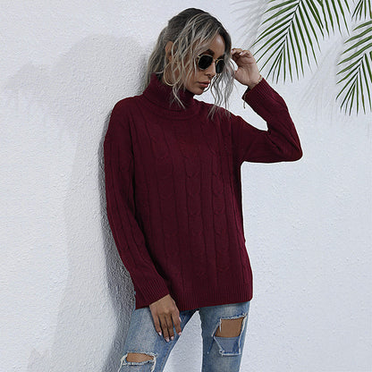 Loose Cable Knit Turtleneck Sweater with Split Hem