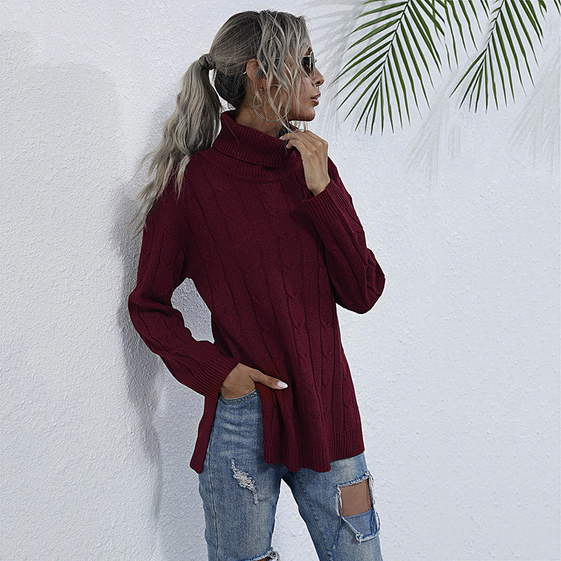 Loose Cable Knit Turtleneck Sweater with Split Hem