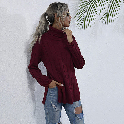 Loose Cable Knit Turtleneck Sweater with Split Hem