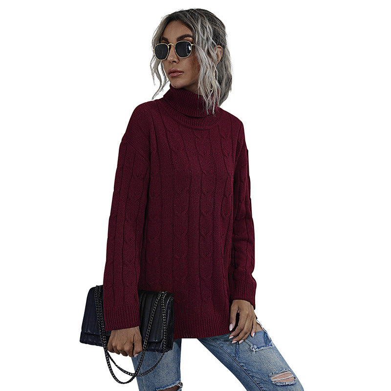 Loose Cable Knit Turtleneck Sweater with Split Hem