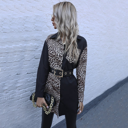 Spliced Leopard Print Tunic Blouse with Lapel Collar