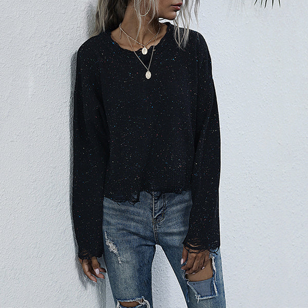 Cropped Loose Knit Sweater with Distressed Hems