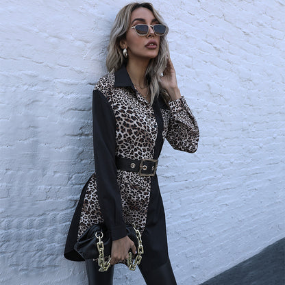 Spliced Leopard Print Tunic Blouse with Lapel Collar