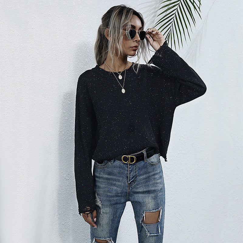 Cropped Loose Knit Sweater with Distressed Hems