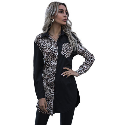 Spliced Leopard Print Tunic Blouse with Lapel Collar