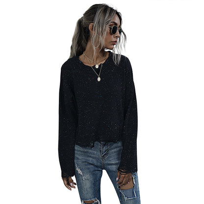 Cropped Loose Knit Sweater with Distressed Hems
