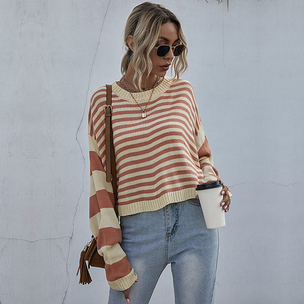Striped Sweater with Cropped Length and Batwing Sleeves