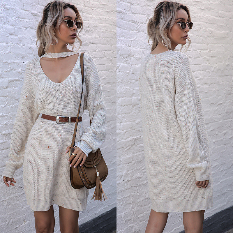 Pullover Sweater Dress with Choker V-Neck and Long Sleeves