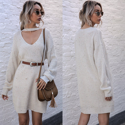 Pullover Sweater Dress with Choker V-Neck and Long Sleeves