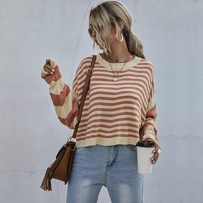 Striped Sweater with Cropped Length and Batwing Sleeves