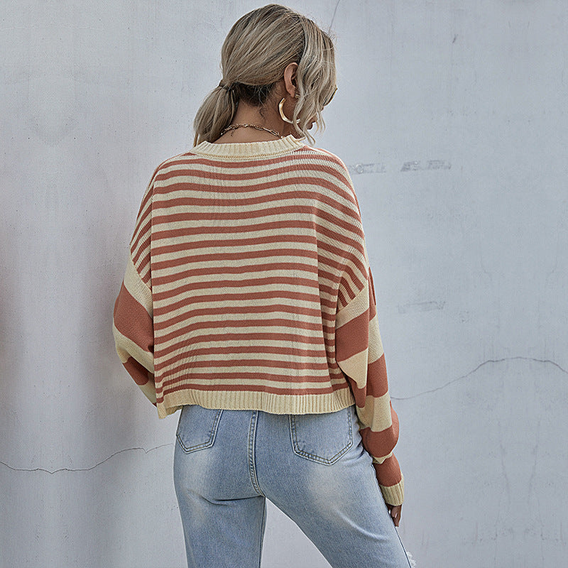 Striped Sweater with Cropped Length and Batwing Sleeves