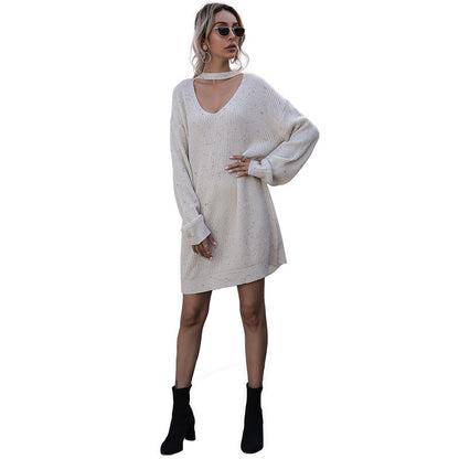 Pullover Sweater Dress with Choker V-Neck and Long Sleeves