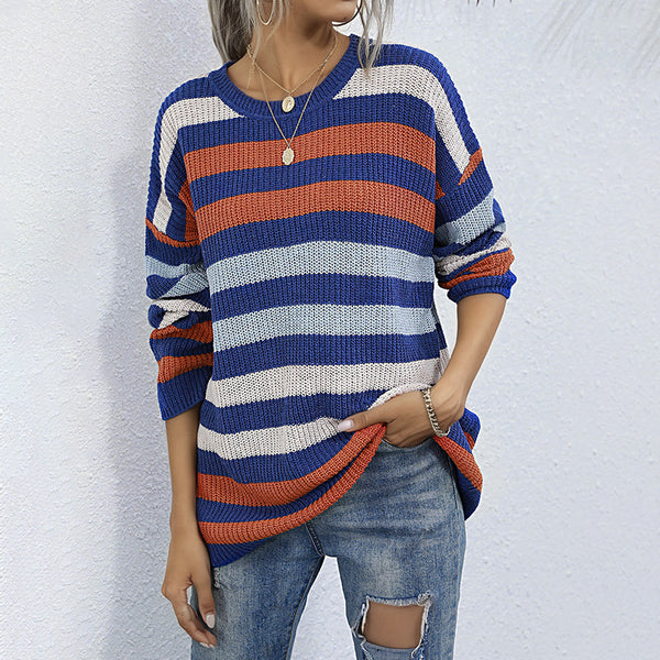 Oversized Striped Knitted Sweater with Crewneck