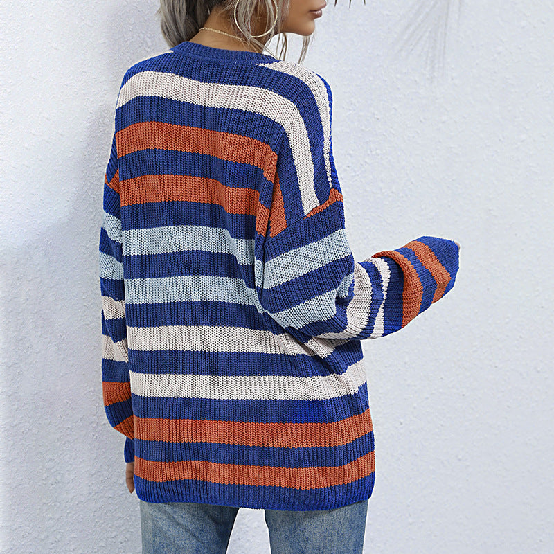 Oversized Striped Knitted Sweater with Crewneck