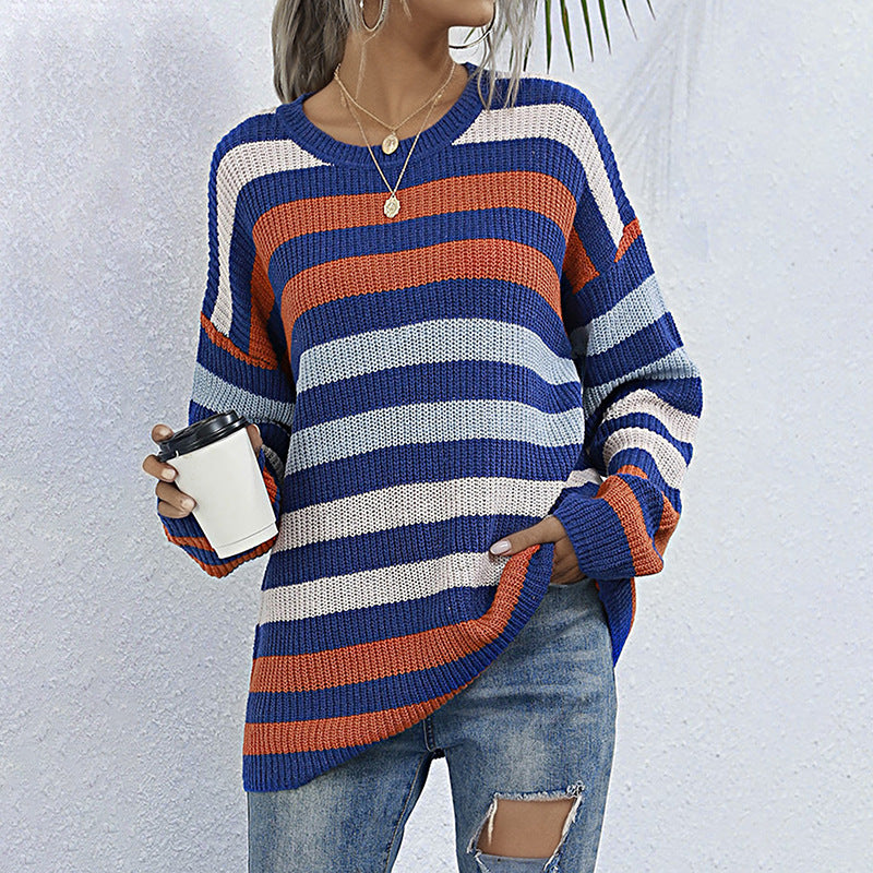 Oversized Striped Knitted Sweater with Crewneck