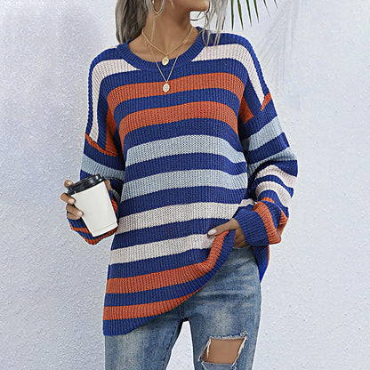 Oversized Striped Knitted Sweater with Crewneck