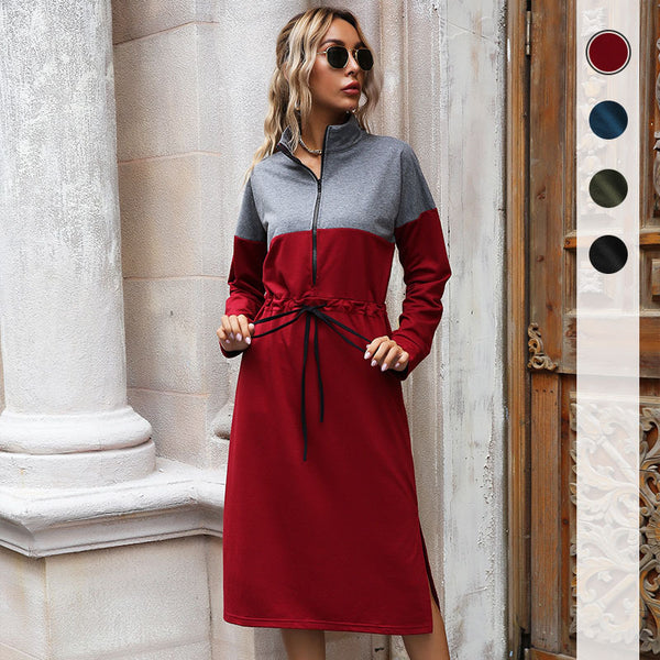 Color-Blocked Midi Sweatshirt Dress with Half-Zip and Drawstring Waist