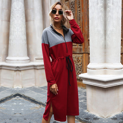 Color-Blocked Midi Sweatshirt Dress with Half-Zip and Drawstring Waist