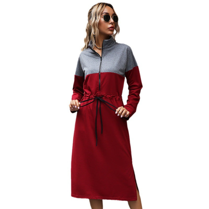 Color-Blocked Midi Sweatshirt Dress with Half-Zip and Drawstring Waist