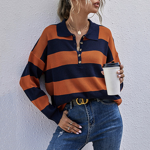 Oversized Striped Knit Sweater with Polo Collar