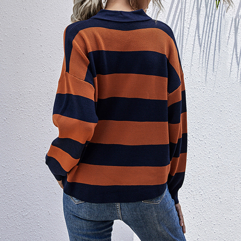Oversized Striped Knit Sweater with Polo Collar