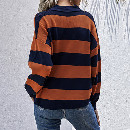 Oversized Striped Knit Sweater with Polo Collar