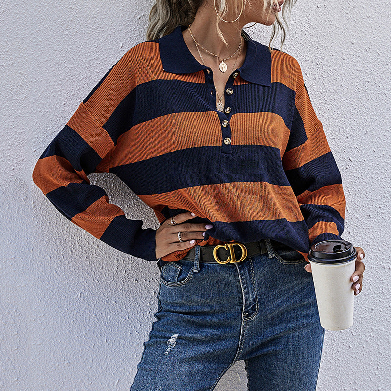 Oversized Striped Knit Sweater with Polo Collar