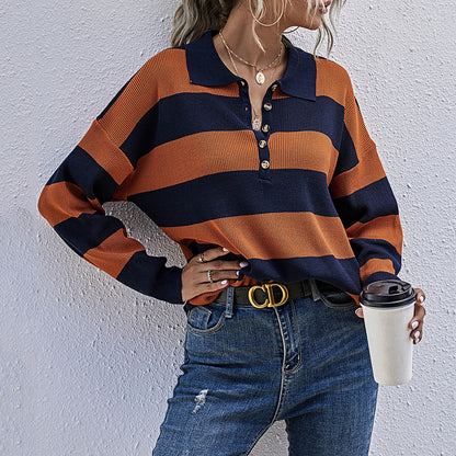 Oversized Striped Knit Sweater with Polo Collar